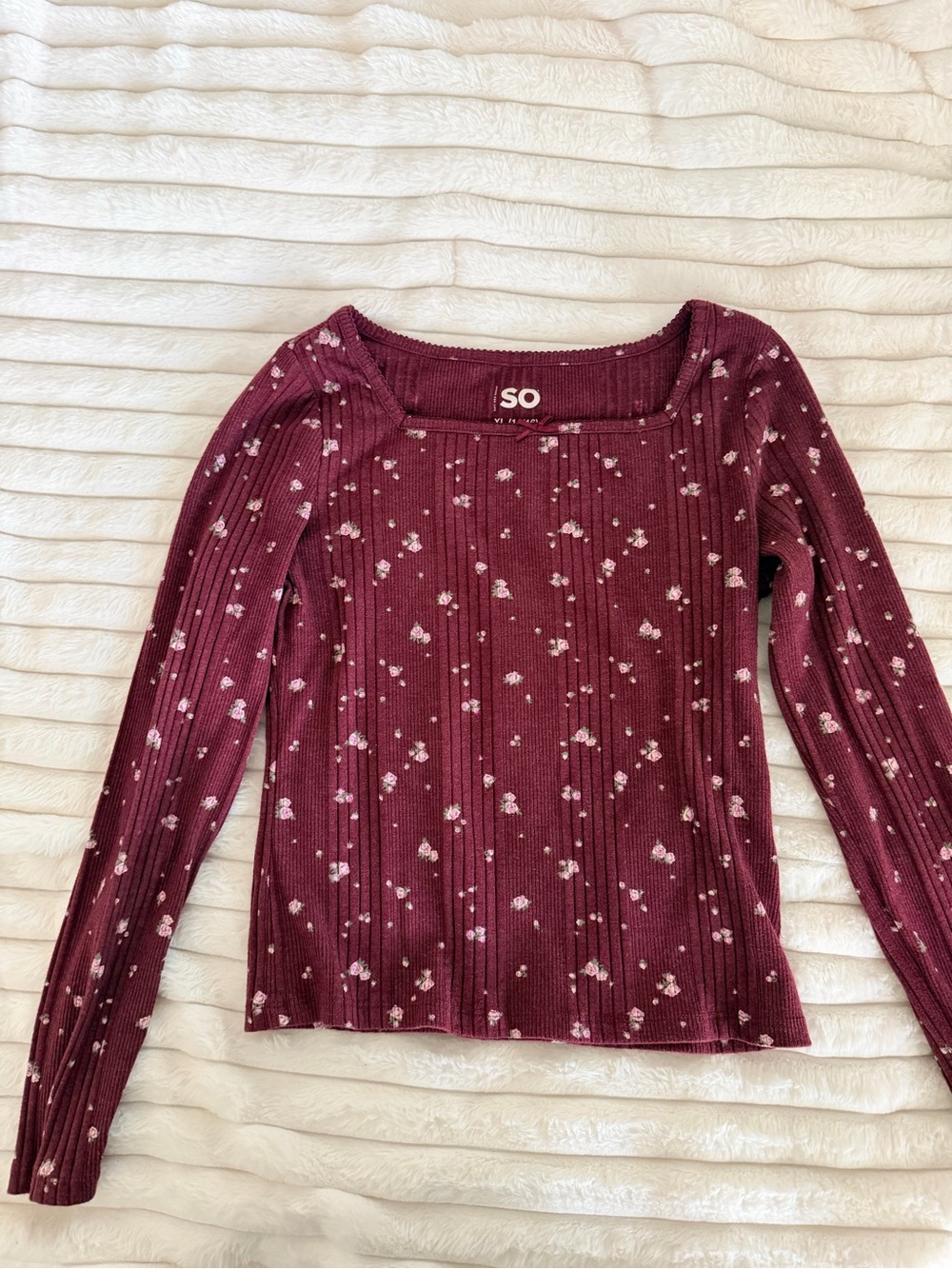 SO Burgundy Floral Ribbed Long Sleeve Top